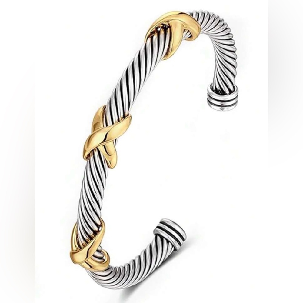 Two-Tone Twisted Cable Cuff Bracelet - Silver & Gold